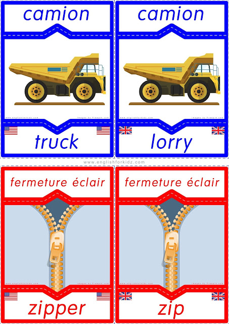 English-French flashcards with British and American vocabulary differences