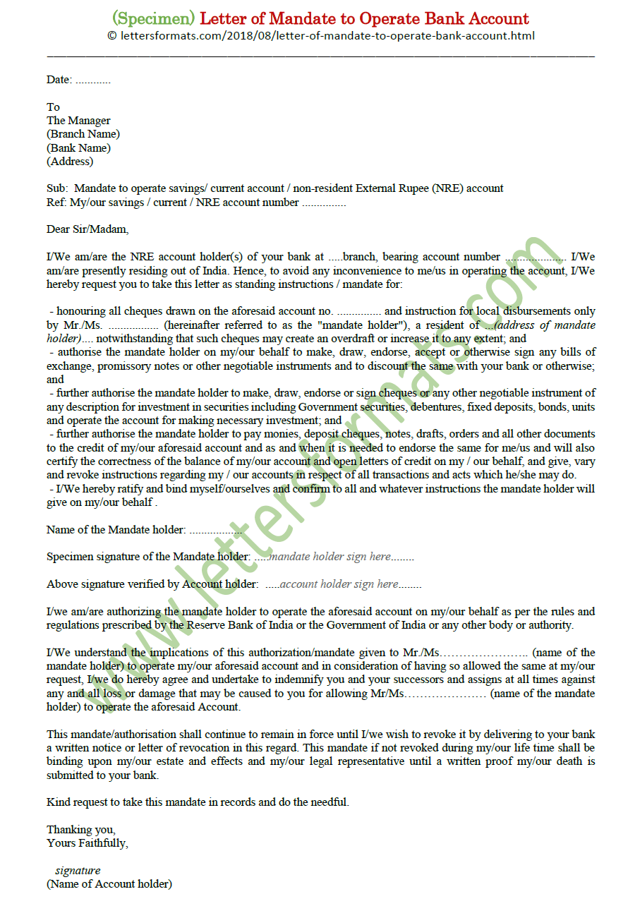 Sample Letter Of Mandate To Operate Bank Account Template