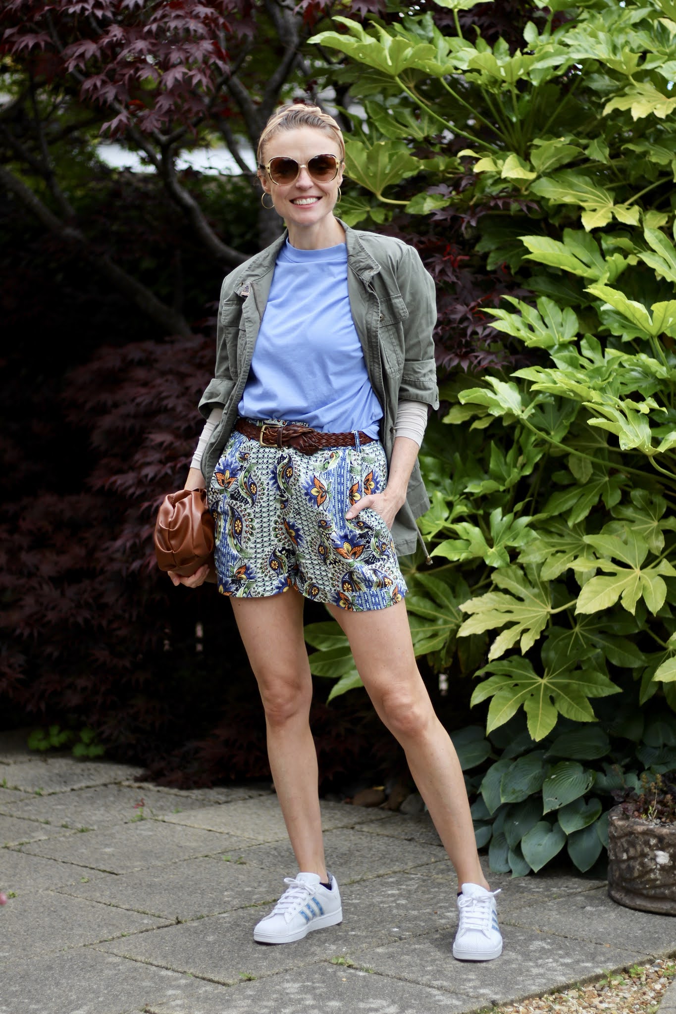 Patterned shorts and Army jacket, over 40.