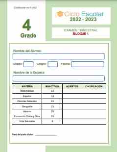 Examen Trimestral Bloque 1 Cuarto grado 2022-2023