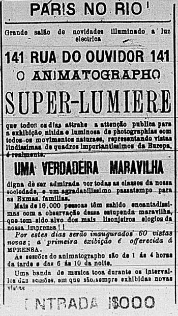 Anúncio veiculado em 1898 apresentando uma sala de exibição de filmes no Rio de Janeiro