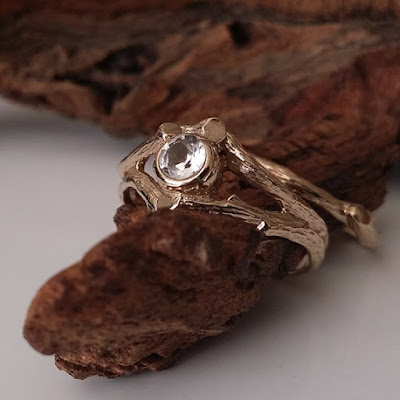 Moissanite Twig Engagement, Wedding Ring Set, Forever Brilliant™ Moissanite, wedding Band, 18k Gold, 14k gold, hand sculpted, Dawn Vertrees, Leaf and Twig Engagement Ring, 