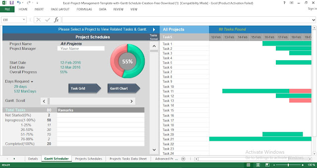 Excel Project Management Template with Gantt Schedule Creation 