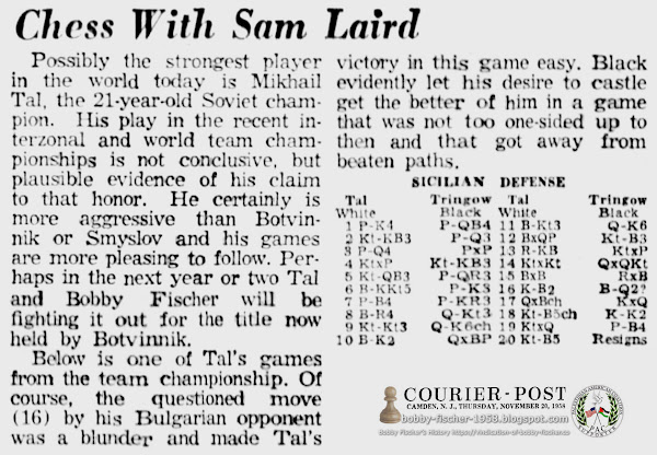 Bobby Fischer vs Tal in Future Battle for Title Held by Botvinnik