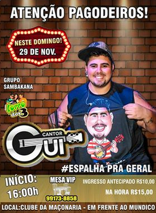 #Tabatinga-AM - Amanhã, 29/11, domingo, tem cantor Gui no Clube da Maçonaria