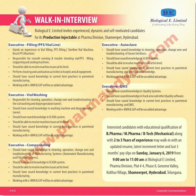 Biological E. | Walk-in for multiple departments | 6th Jan 2019 | Hyderabad