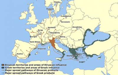 Territori etruschi e principali canali di diffusione delle rotte commerciali etrusche.