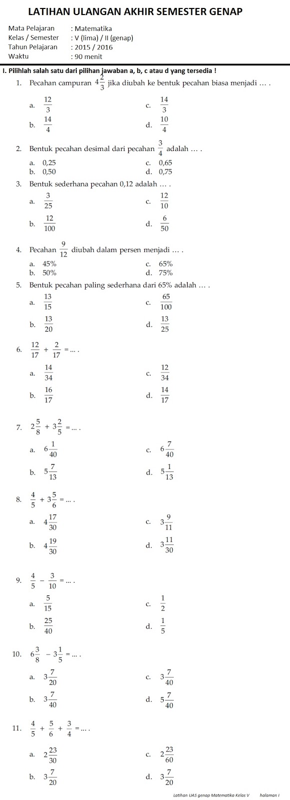 Soal Latihan Uas Genap Matematika Kelas V Gurukatro