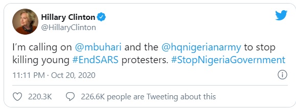 ‘Stop killing young protesters’ — Hillary Clinton tackles Buhari