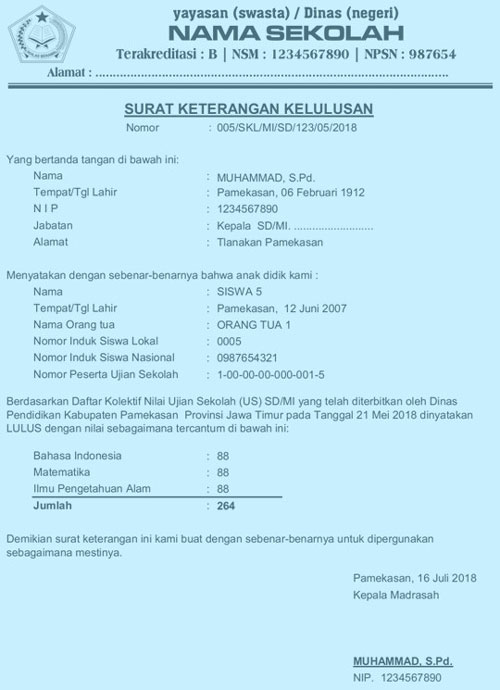 Aplikasi Surat Keterangan Lulus Sementara Format MS Excel SD MI