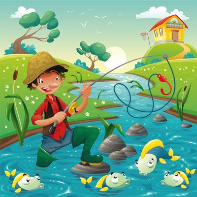 Ilustración vectorial de pescador de ilusiones con peces en el río azul