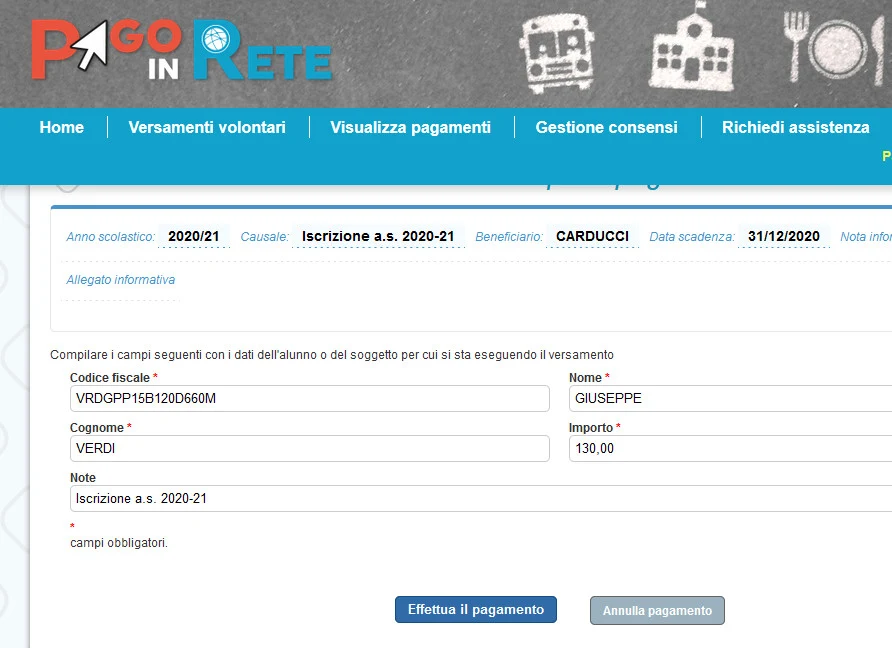 Compilazione dati del genitore che effettua il pagamento della tassa scolastica