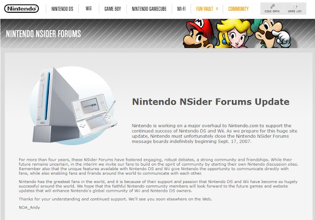 Nintendo NSider Forums update Wii DS closed indefinitely notice NOA_Andy September 17 2007