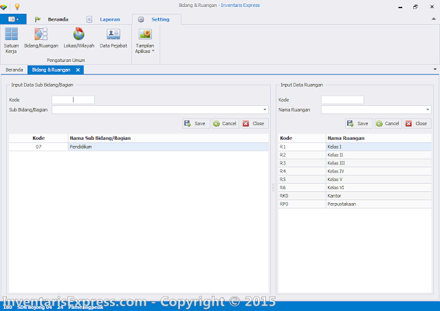 Input Data Bidang dan Ruang - Aplikasi Invetaris Express