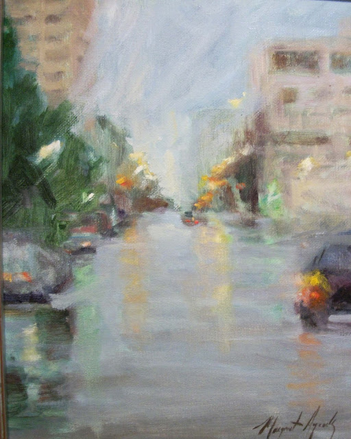 rainy day city oil painting by margaret aycock