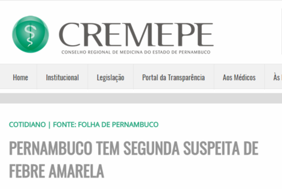 CREMEPE : PERNAMBUCO TEM SEGUNDA SUSPEITA DE FEBRE AMARELA