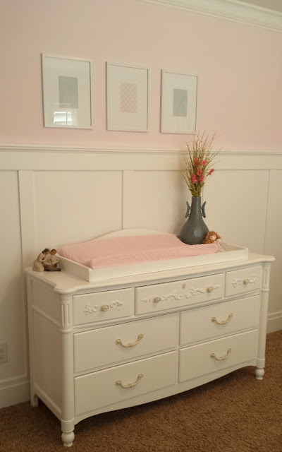 nursery, girl nursery, white nursery, gray nursery, pink nursery, gray and pink, gray and pink nursery, girl, baby girl, crib, white crib, white dresser, pottery barn, pottery barn nursery, gray rocker, board and batten, board and batten nursery, 3/4 board and batten, monogram, name monogram, wooden monogram, pink wall, ballerina pink, benjamin moore, 