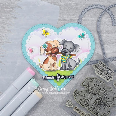 Inky Paws Challenge Friendship Theme - Puppy Pals stamp and die set, Heart Frames die set, Hills and Grass stencil, Clouds stencil, Newton's Birdbath stamp and die set, Newton's Valentine stamp and die set by Newton's Nook Designs #newtonsnook #handmade