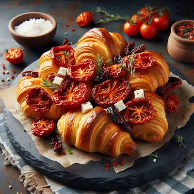 Auf dem Bild ist ein Teller mit Toskanischen Törtchen. Die Blätterteigtörtchen sind gefüllt mit Feta, getrockneten Tomaten und Thymian. Perfekt als Snack für den Abend mit Freunden.