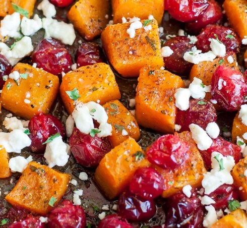 HONEY ROASTED BUTTERNUT SQUASH WITH CRANBERRIES AND FETA #vegetarian #holidayrecipes