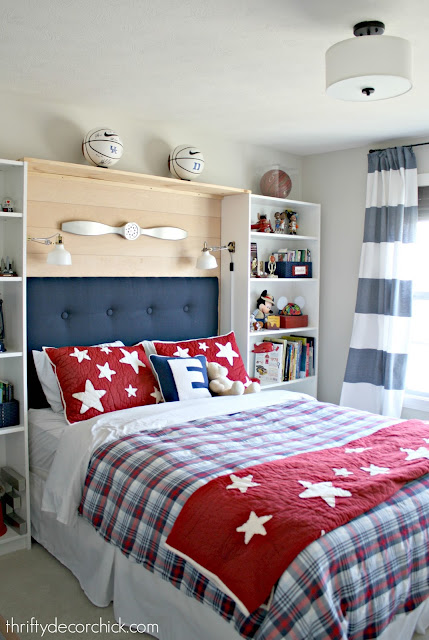 Red and blue boy room with storage 