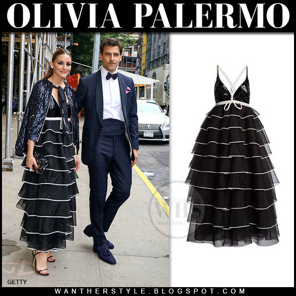 Olivia Palermo in black tiered maxi dress and sequin jacket