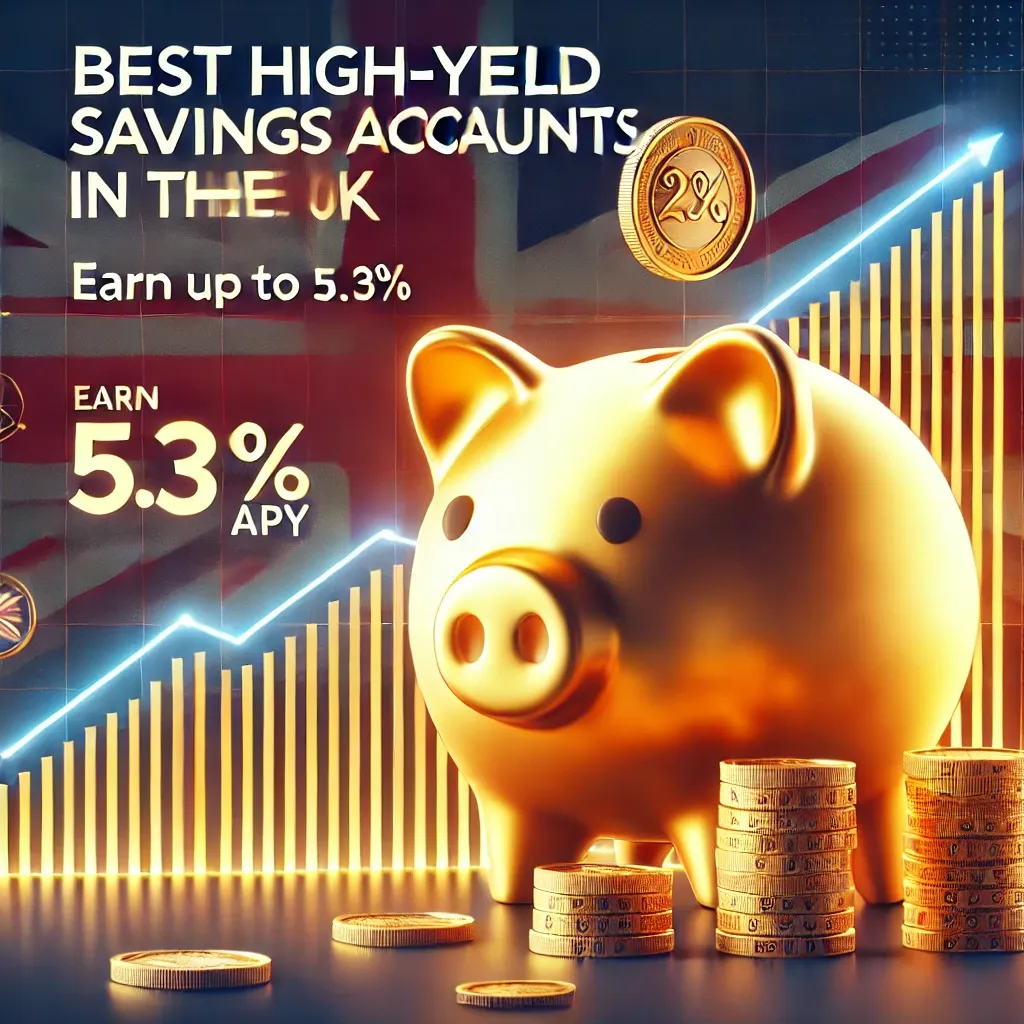 Glowing piggy bank, coins, and a rising graph with text: "5.2% AER – UK’s Top Savings Accounts 2025