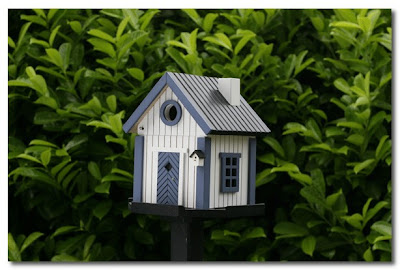 white and blue cottage bird house the french house