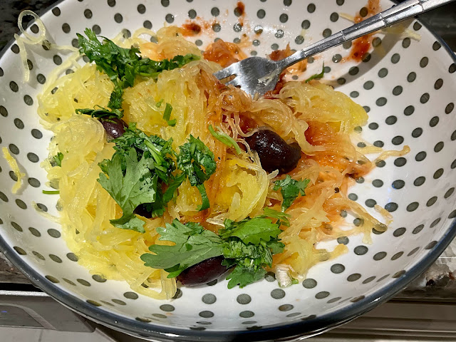 spaghetti squash with cilantro and olives, vegan
