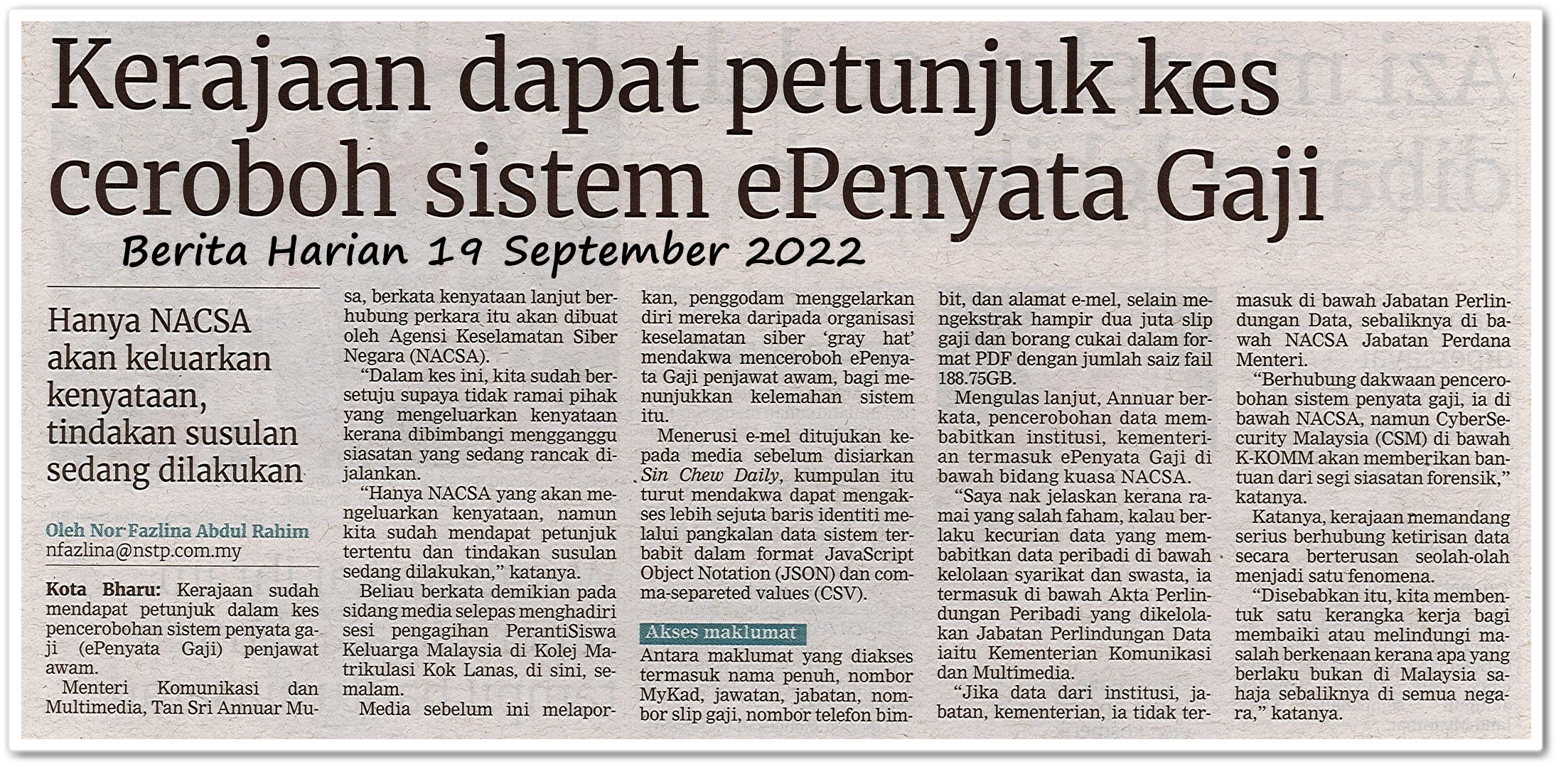 Kerajaan dapat petunjuk kes ceroboh sistem ePenyata Gaji - Keratan akhbar Berita Harian 19 September 2022