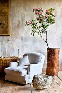 white chair, natural wood,  wicker basket with wood