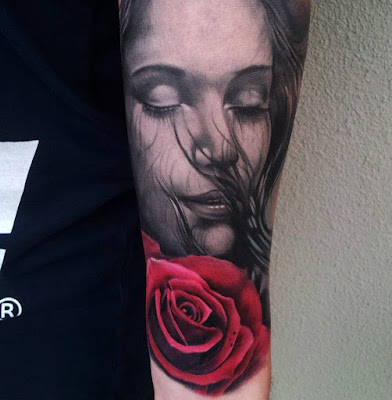 3D Girl Face And Red Rose Tattoos 