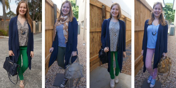 4 ways to wear printed pieces with navy waterfall cardigan | awayfromblue