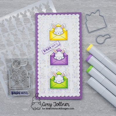 Inky Paws Challenge Color Challenge - Hare Mail stamp and die set, Slimline Frames and Portholes die set, Bunny Tails stencil set by Newton's Nook Designs #newtonsnook #handmade