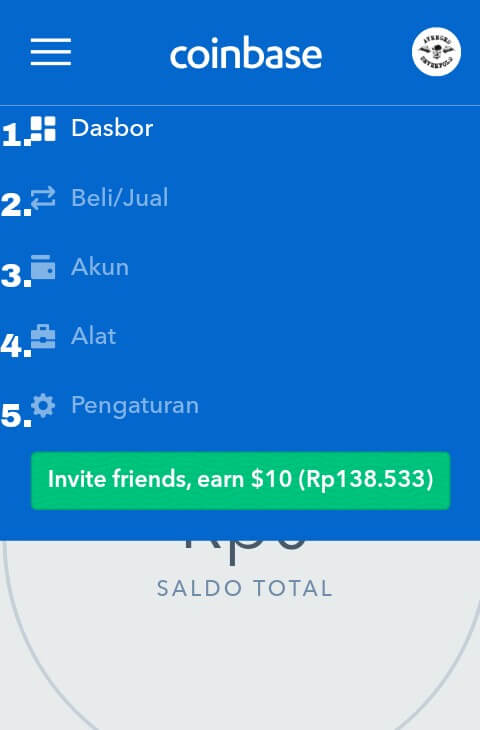 Ketika Anda Login atau masuk disitus Coinbase, Dan mengklik menu navigasi yang berada di sebelah pojok kiri atas, Maka Anda akan menemukan menu seperti gambar diatas inii: