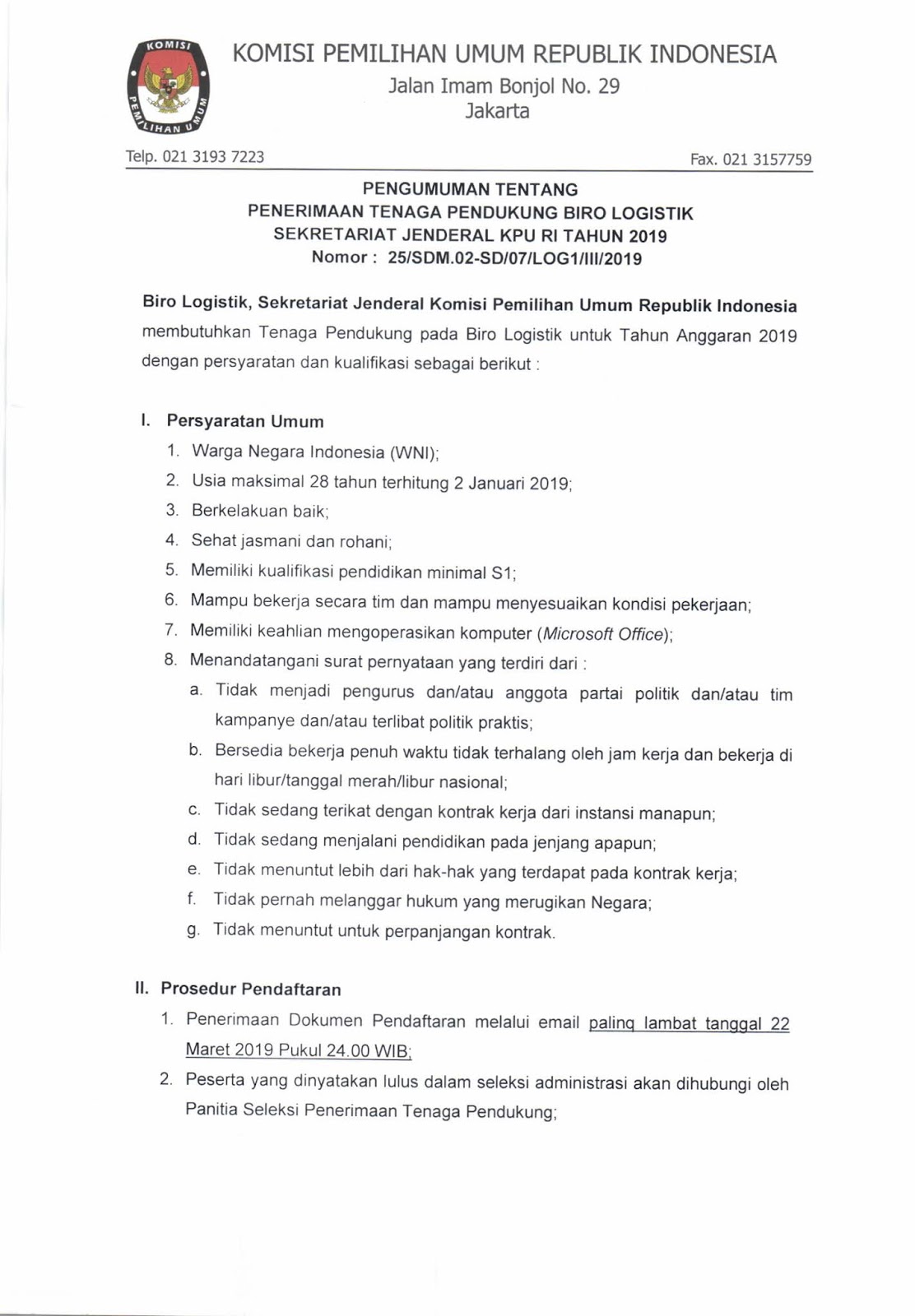 Lowongan Kerja Biro Logistik Komisi Pemilihan Umum Republik Indonesia 