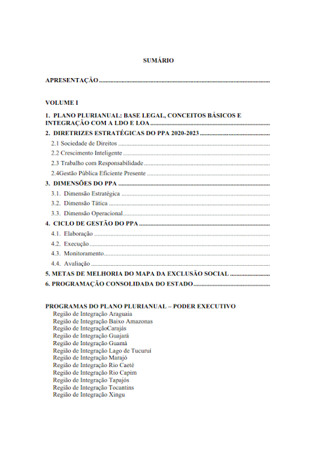 PPA – PLANO PLURIANUAL – 2020 – 2023 – V. I - REGIÃO DE INTEGRAÇÃO XINGU