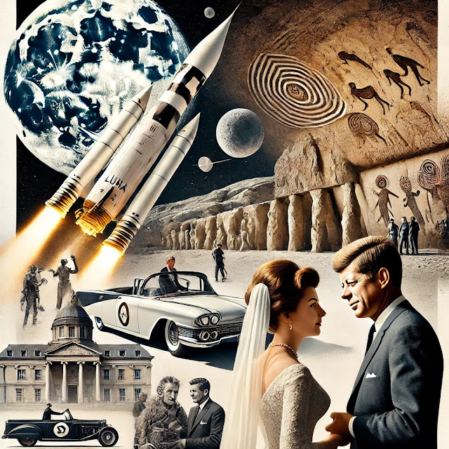 Collage of historical events featuring the Luna 2 spacecraft heading towards the Moon, prehistoric cave paintings from Lascaux, and a classic 1950s wedding scene symbolizing John F. Kennedy marrying Jacqueline Bouvier, all connected with subtle elements representing time and history."