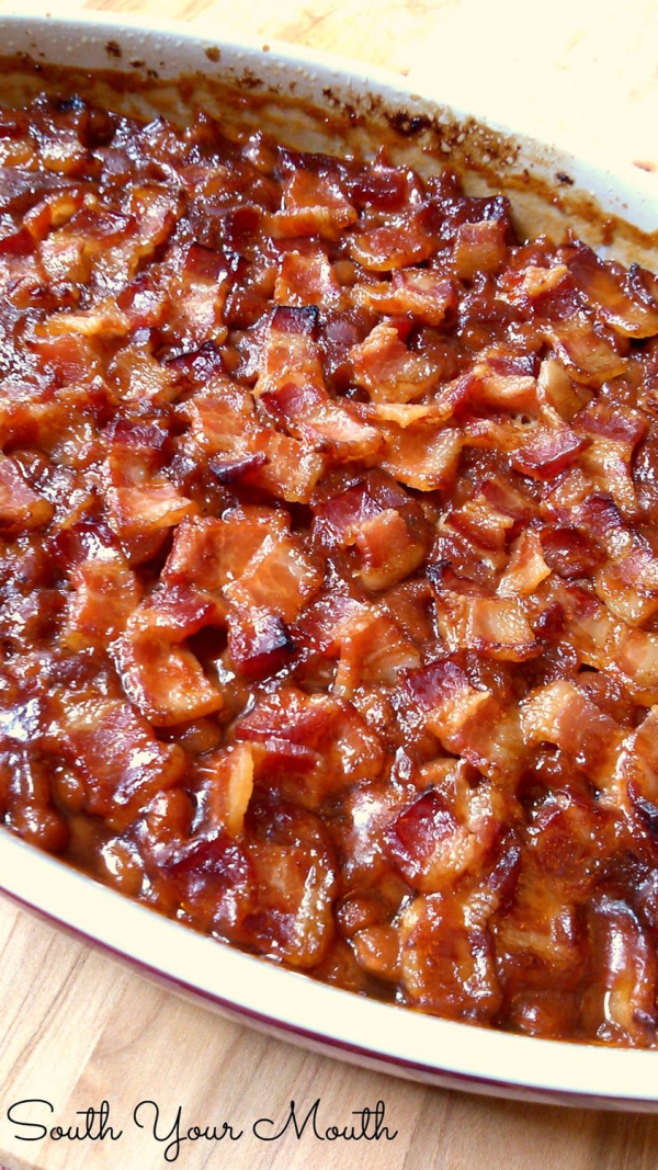 Southern Style Baked Beans! A classic Southern-style baked beans recipe made with brown sugar topped with crispy bacon.