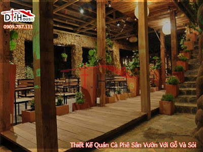 Cách thiết kế quán cafe sân vườn cùng gỗ và sỏi