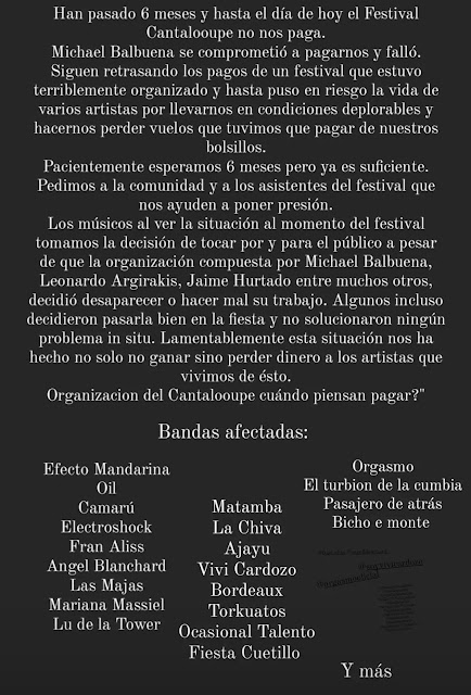 Comunicado de las Bandas sobre el Festival Cantalooupe de Michael Balbuena
