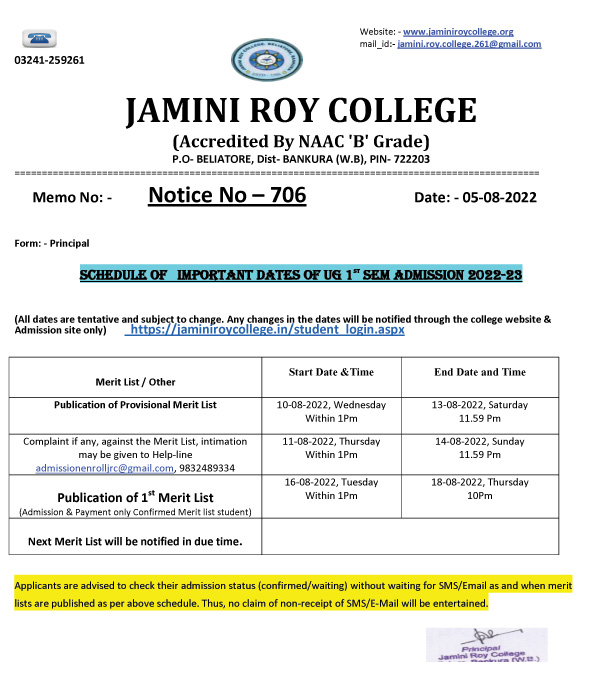 Jamini Roy College Merit List Date 2022