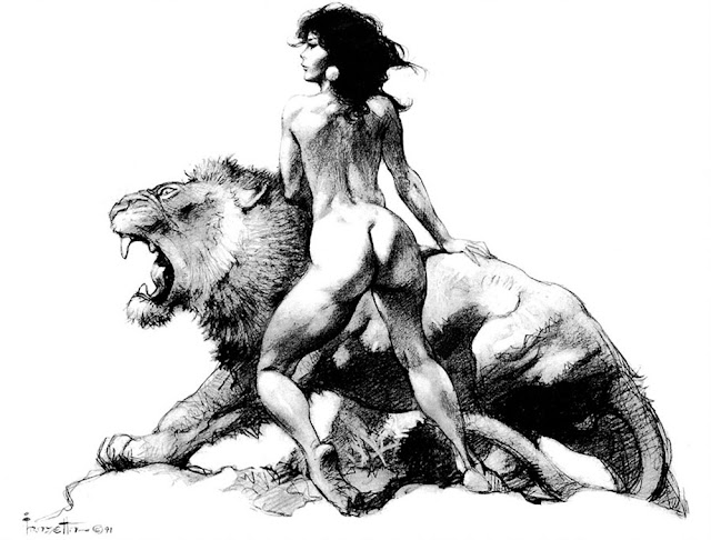 A sketch by Frank Frazetta featuring a woman standing next to a lion