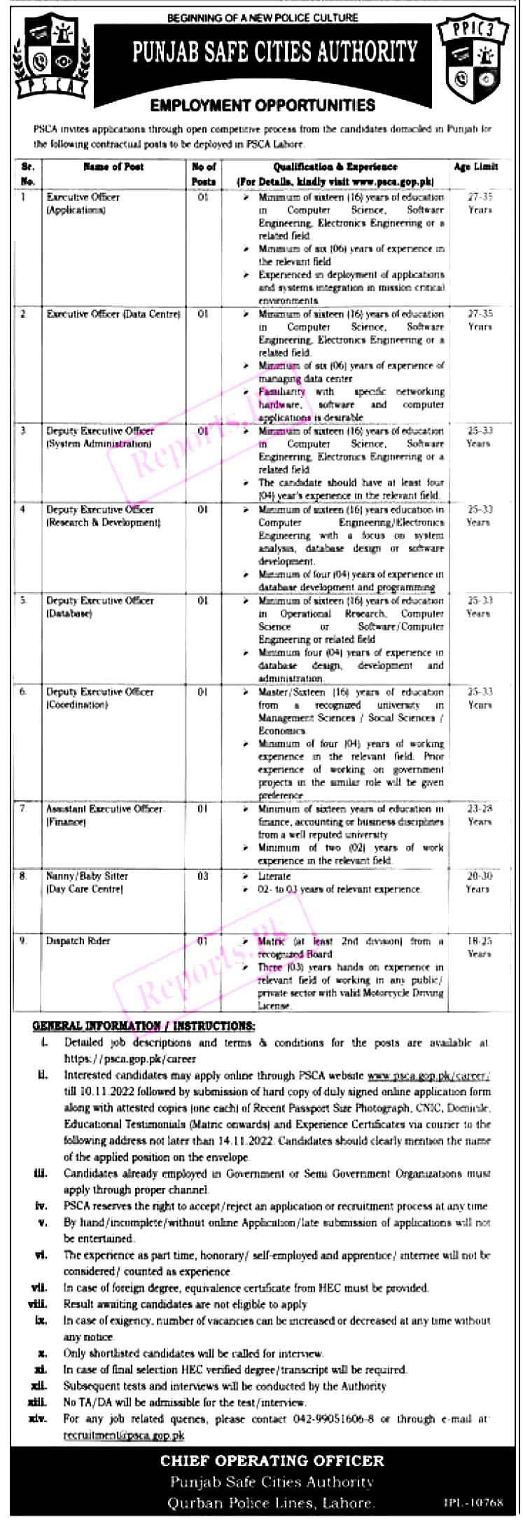 PSCA works of Punjab Safe Cities Authority 2022-PSCA Jobs 2022