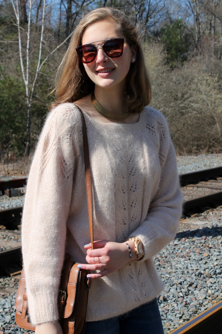 Gold jewelry, Firmoo brown sunglasses, creme colored cashmere sweater and jeans