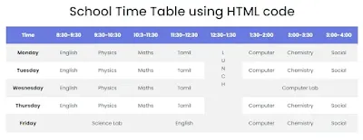 HTML Codes for design school TimeTable Using TABLE