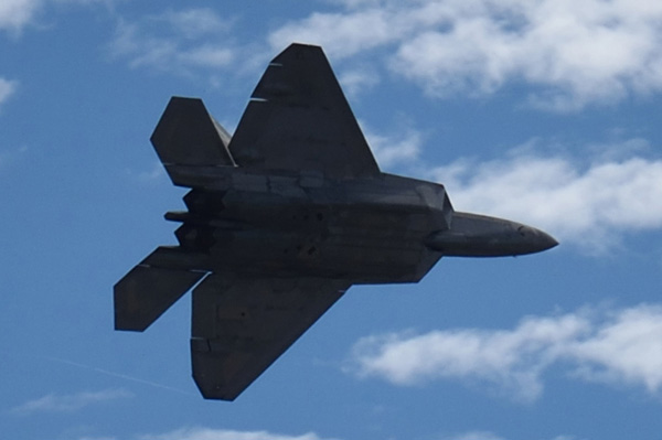 The F-22 Raptor continues to soar through the sky during its demo at the Miramar Air Show in San Diego, CA...on September 24, 2022.