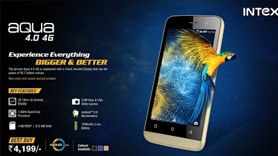 Intex Aqua 4.0 4G Specifications and Features,4-inch AMOLED display,Android 6.0 marshmallow,512MB of RAM AND 4GB of ROM and 1500mAh battery with 4G voLTE launched in India.
