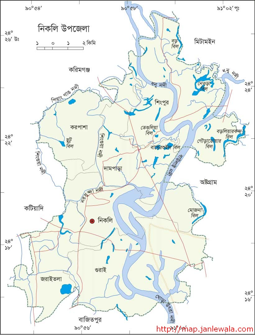 নিকলী উপজেলা মানচিত্র, কিশোরগঞ্জ জেলা, বাংলাদেশ