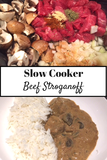 Slow Cooker Beef Stroganoff ingredients and cooked in a bowl with rice